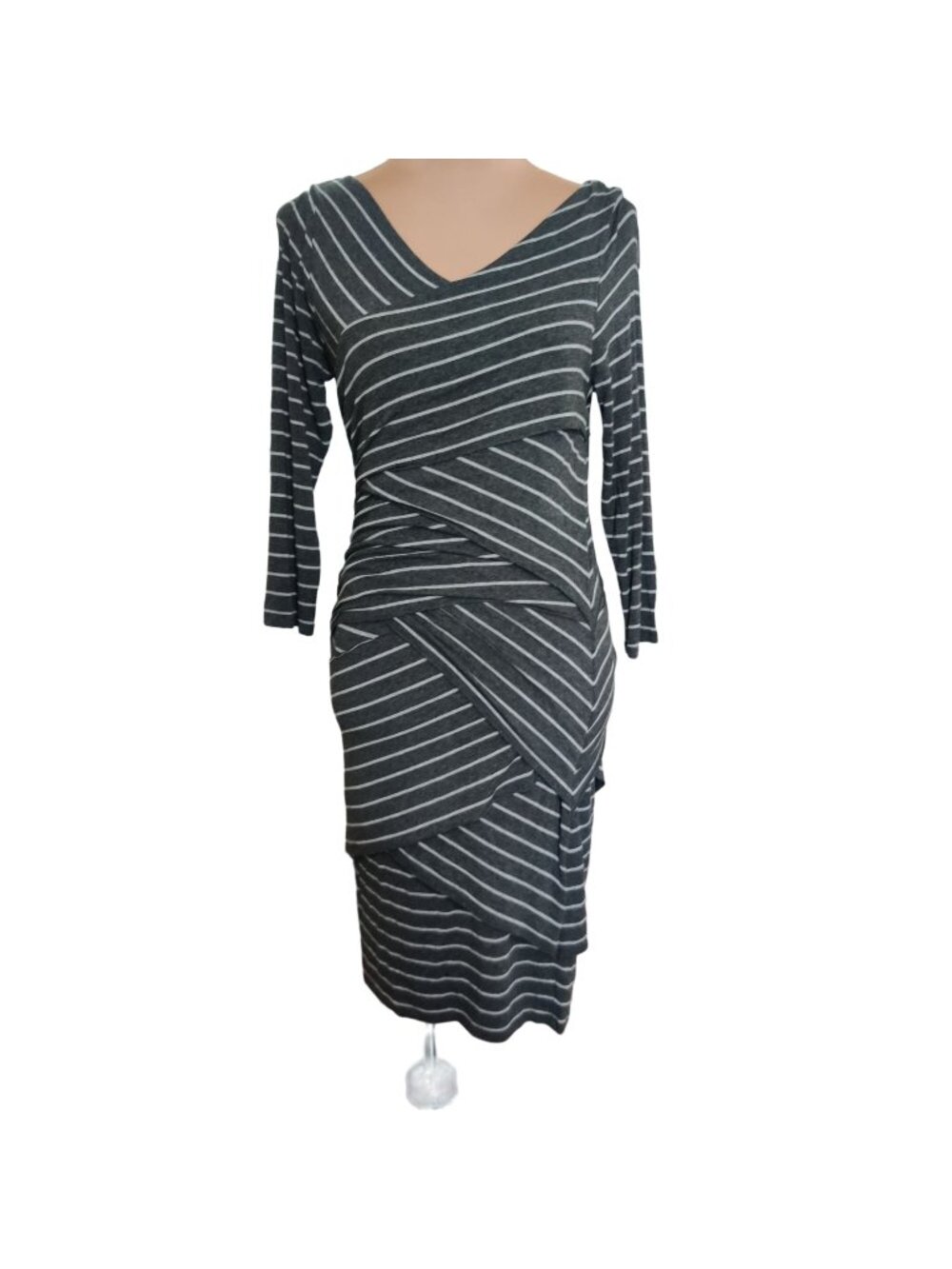 Vince Camuto Dress Petite Size M Gray White Striped Bandage Midi Stretch Fitted